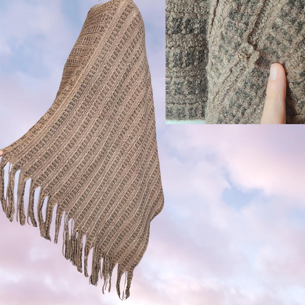 Brown Taupe Knitted Soft Fuzzy Cover Up Warm Boho Hippie Festival Fringe Poncho - Picture 5 of 5